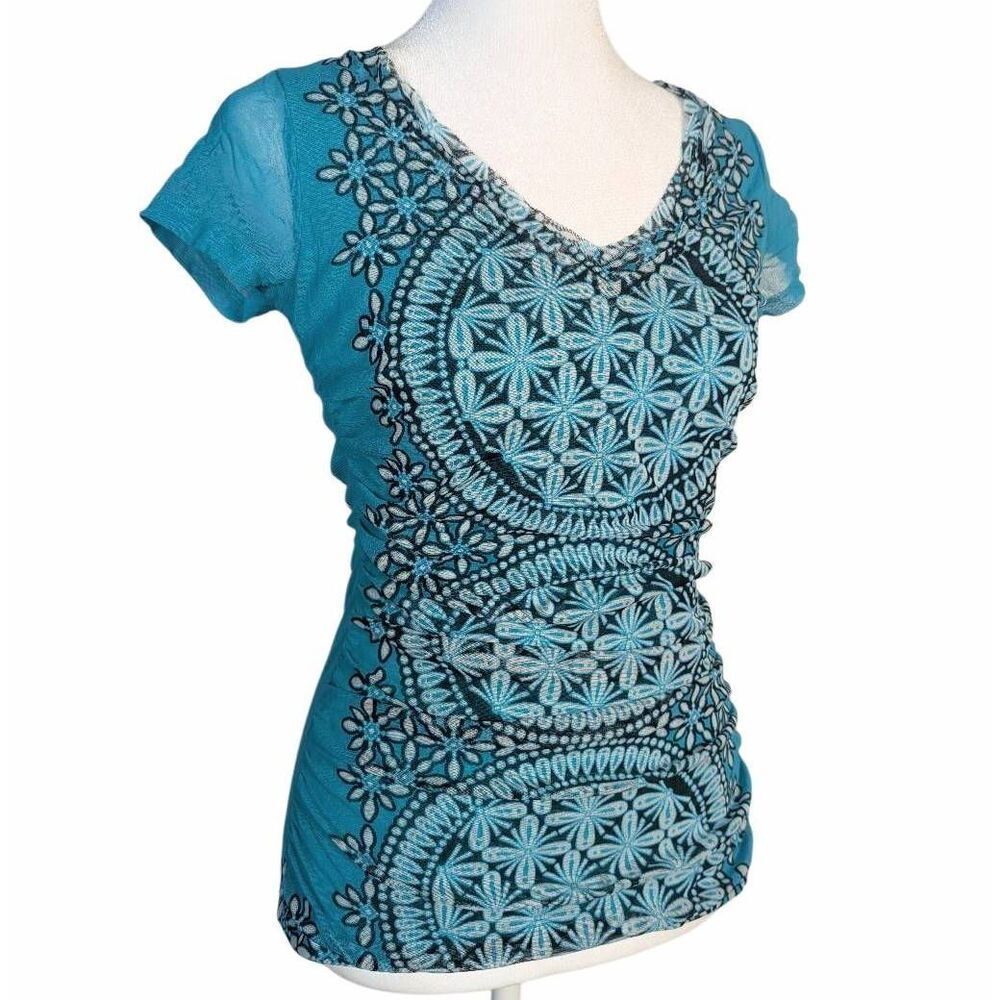 Vintage INC international concept teal white geometric mesh baby tee top S